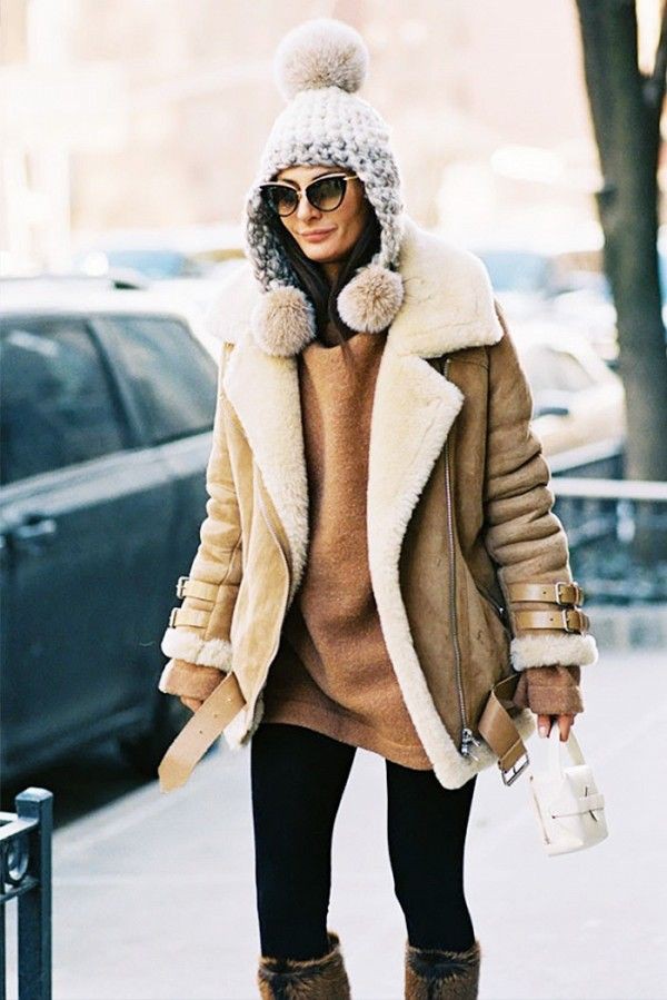 Winter warm jackets with leggings: winter outfits,  Shearling coat,  Street Style  