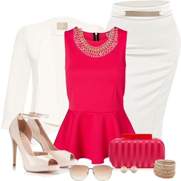 Magenta and white colour combination with day dress, blouse: day dress,  Magenta And White Outfit,  Peplum Tops  