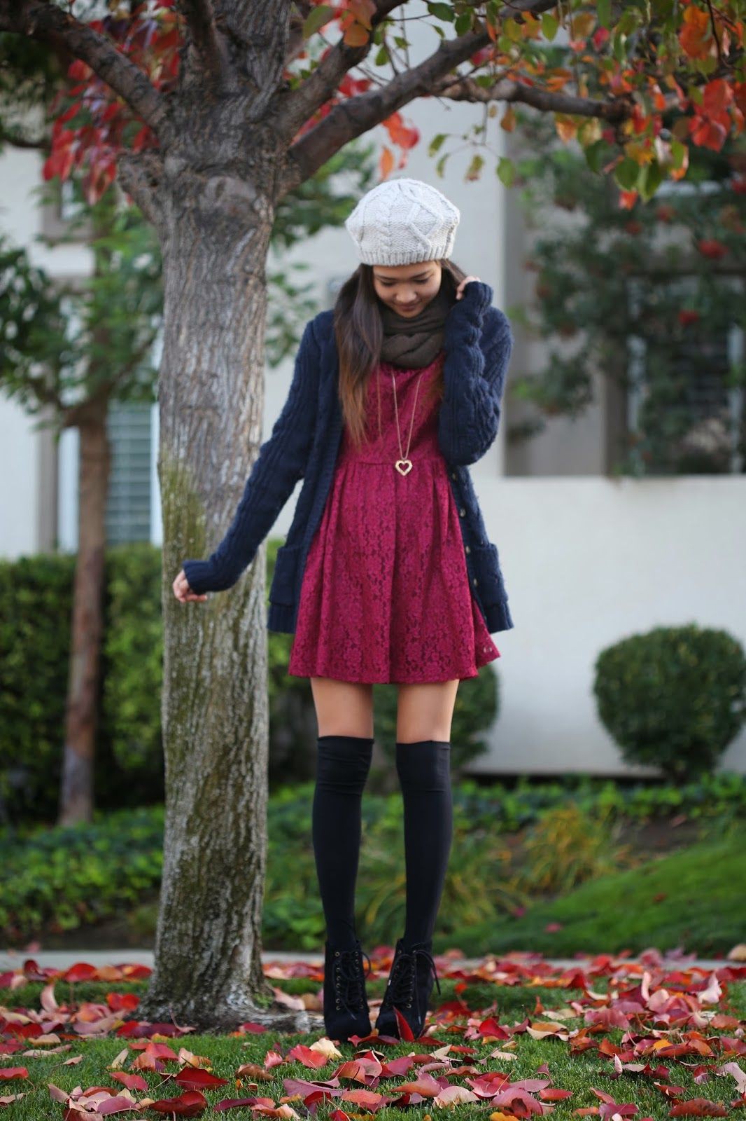 Burgundy lace dress with cardigan: Knee highs,  Street Style,  Brown And Red Outfit,  Thigh High Socks,  Cardigan  