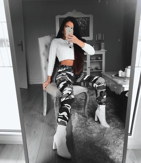 Outfit Stylevore outfit insta baddie black and white, party dress: party outfits,  Crop top,  White Outfit,  Camo Pants,  Black And White  