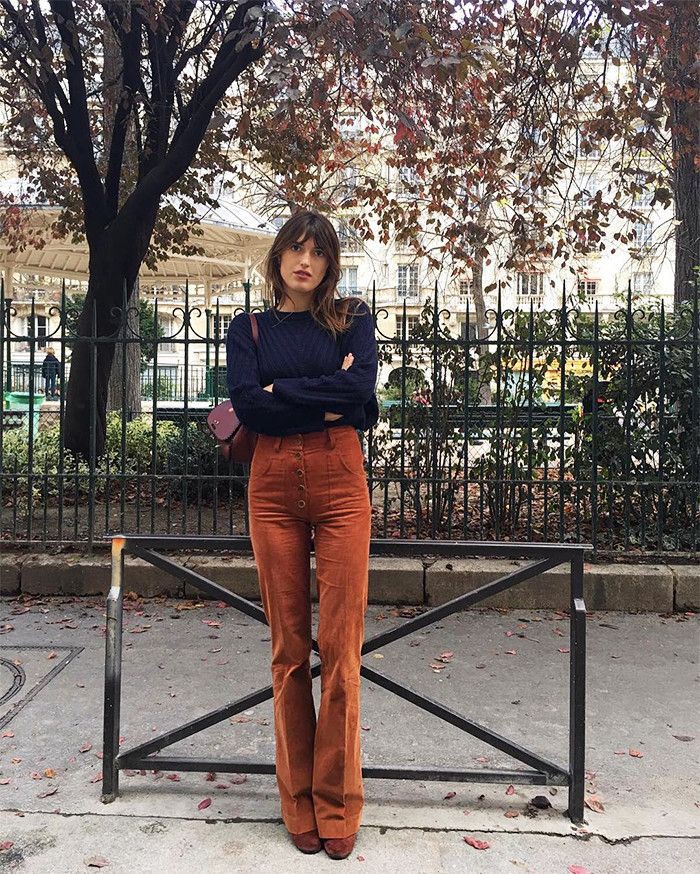 Jeanne damas brown pants, street fashion, jeanne damas, bell bottoms, casual wear, j.crew: Street Style,  Bell Bottoms,  Corduroy Pant Outfits  