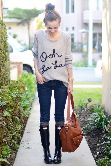 Rainy day outfits with jeans and boots