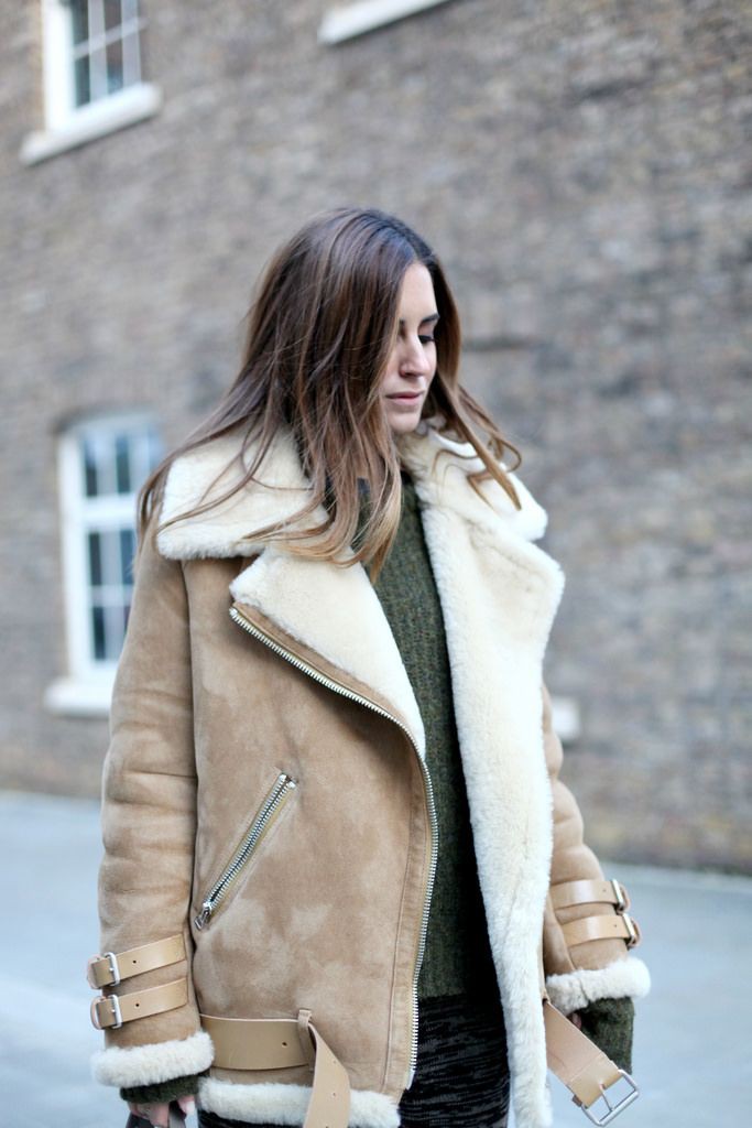 Colour combination beige shearling jacket, winter clothing, leather jacket, shearling coat, street fashion: winter outfits,  Shearling coat,  Street Style,  Beige And White Outfit  