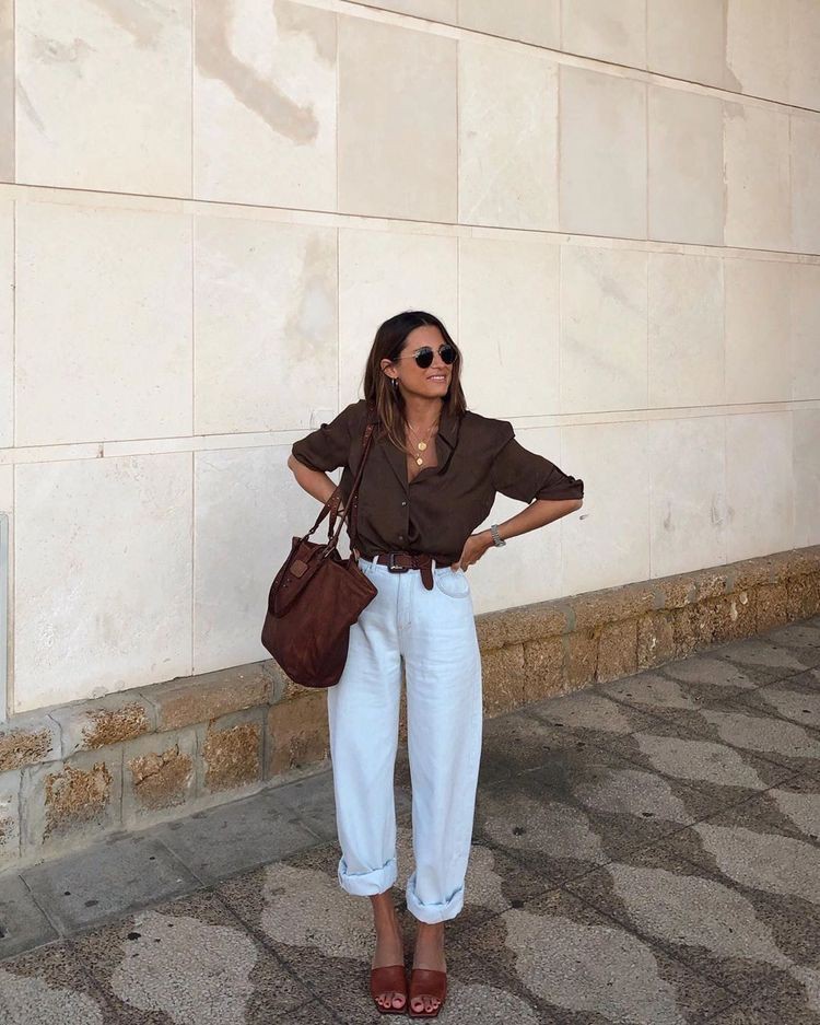 Brown and white colour outfit ideas 2020 with trousers, skirt, jeans: Street Style,  Brown And White Outfit,  Slouchy Pants  