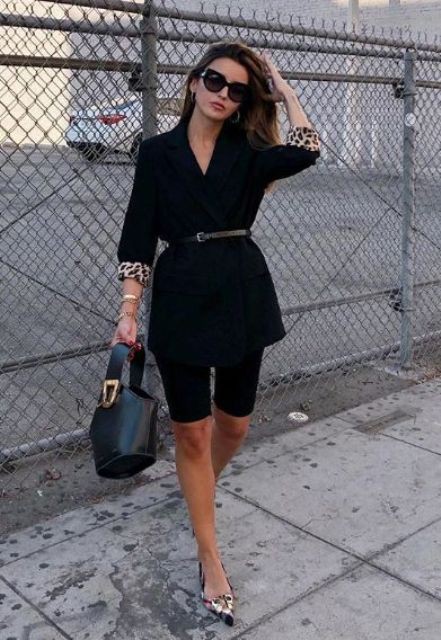 Bike shorts with blazer little black dress, street fashion: T-Shirt Outfit,  Cycling shorts,  Street Style,  Little Black Dress,  White And Black Outfit,  Blazers And Shorts Outfit,  black dress  