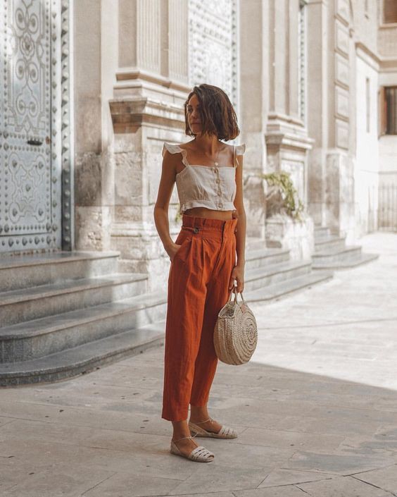 Orange linen pants outfit, street fashion, casual wear, crop top