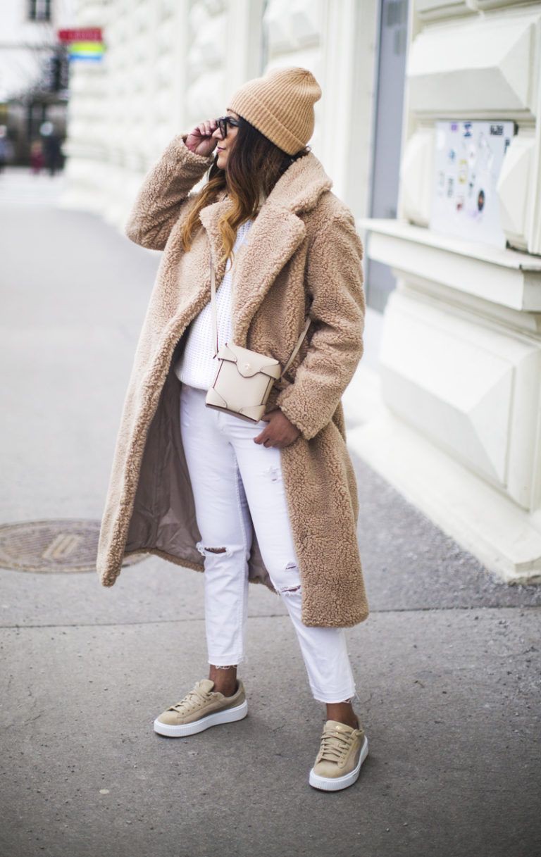 Beige dresses ideas with coat, fur: Shearling coat,  winter outfits,  Street Style,  Beige Outfit,  Furry Coat,  Wool Coat,  Brown Coat,  beige coat  