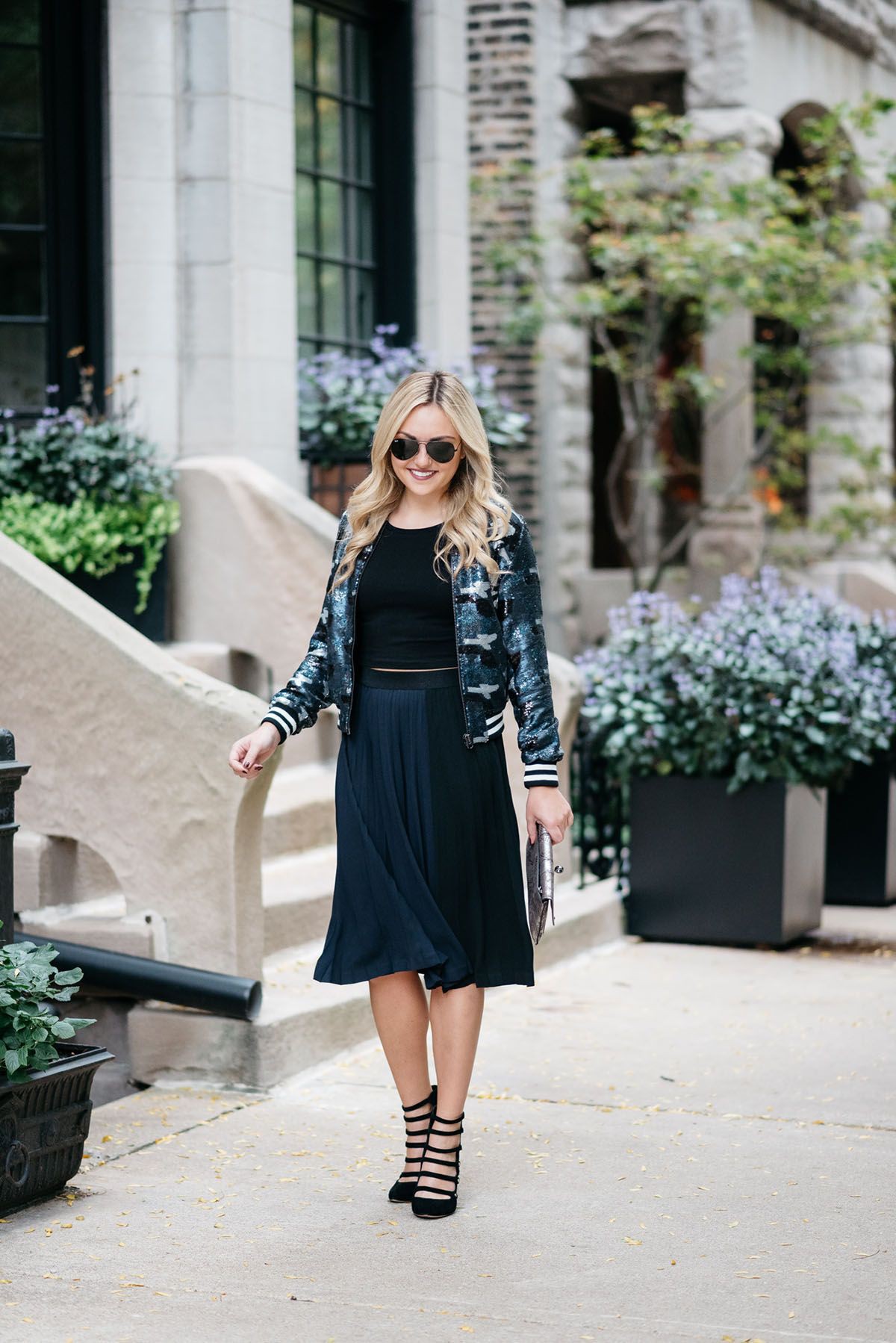 Bomber jacket and pleated skirt: Black Outfit,  Flight jacket,  Sequin Dresses,  Street Style,  Little Black Dress,  Pleated Skirt  