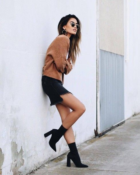 Lookbook fashion sock boots outfit, denim skirt, boot socks: Boot socks,  Black Outfit,  Outfit With Boots,  Short Boots  