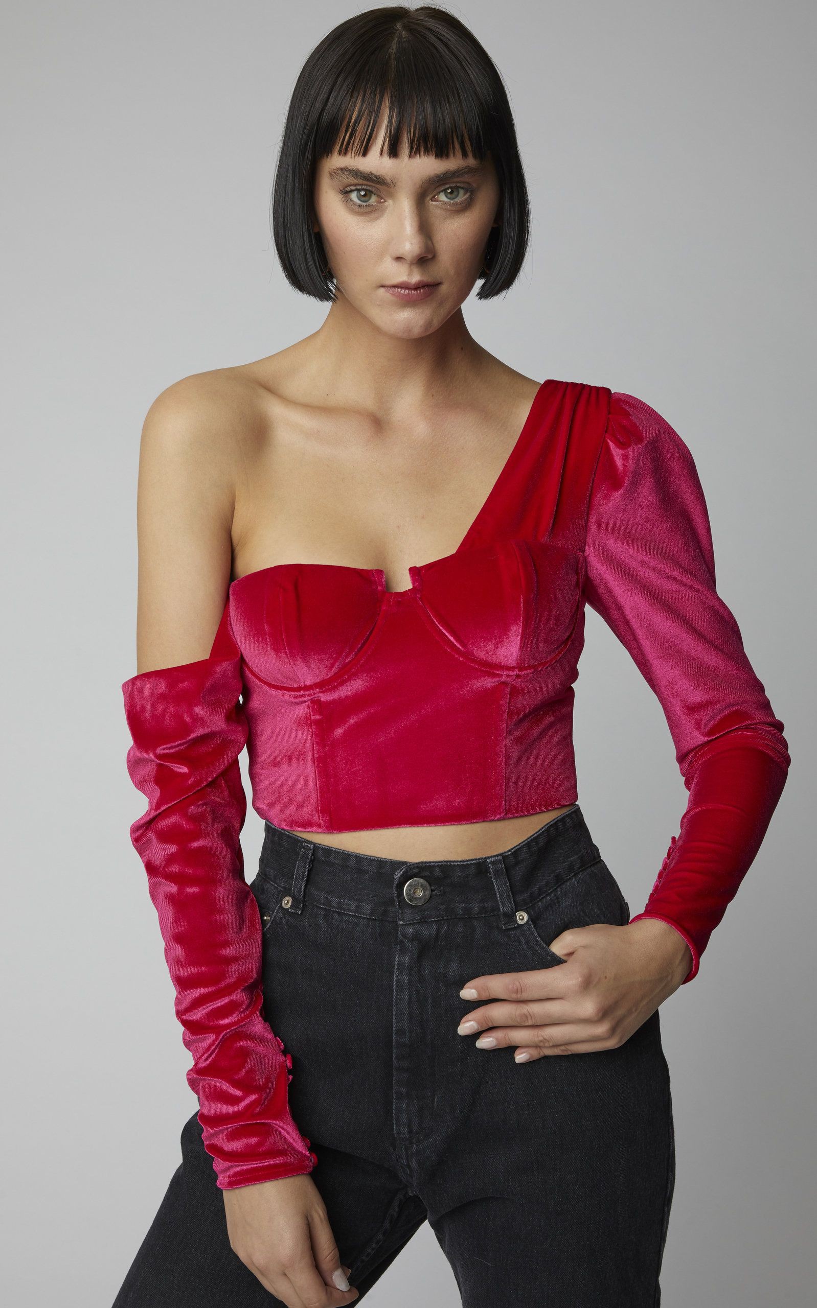 Self portrait velvet crop top: Crop top,  Latex clothing,  Magenta And Pink Outfit,  One Shoulder Top,  Velvet Outfits  