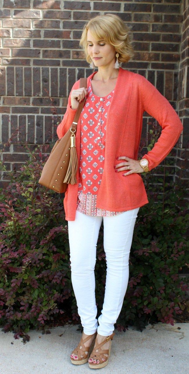 Orange and white colour dress with polka dot, blazer, jeans: Lapel pin,  Petite size,  T-Shirt Outfit,  Street Style,  Orange And White Outfit,  Orange Outfits  