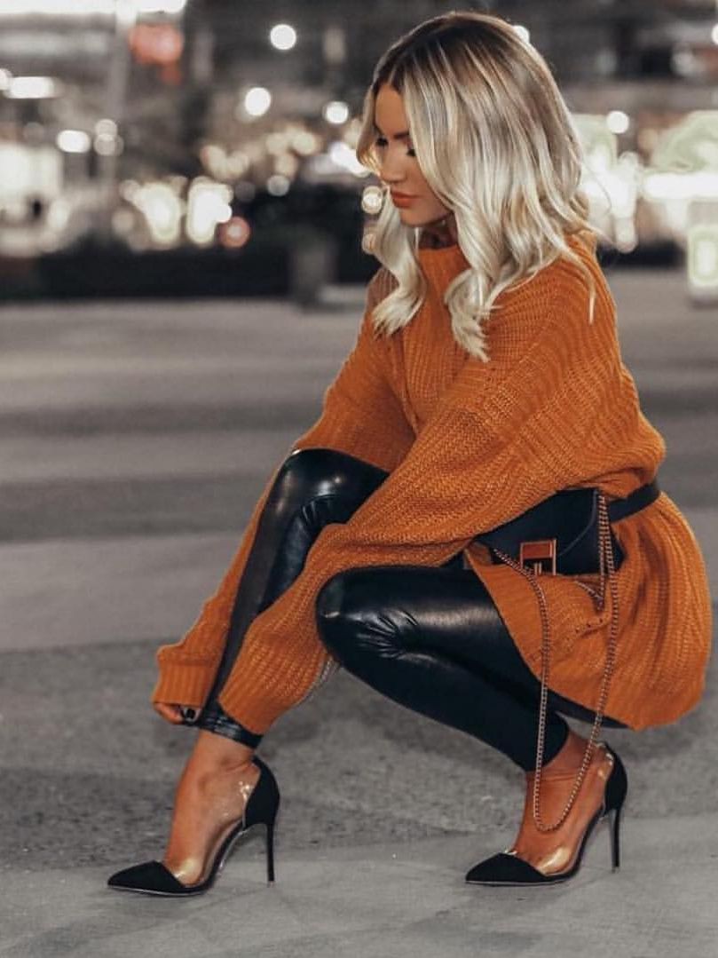 Love this burnt orange sweater and black leather leggings combo. | Summer Outfit Ideas 2020: leather,  sweater,  Outfit Ideas,  Black,  summer outfits,  Leggings,  Love,  Leather Leggings  