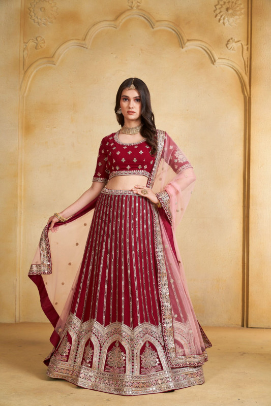 Red Heavy Thread Embroidered Georgette Lehenga