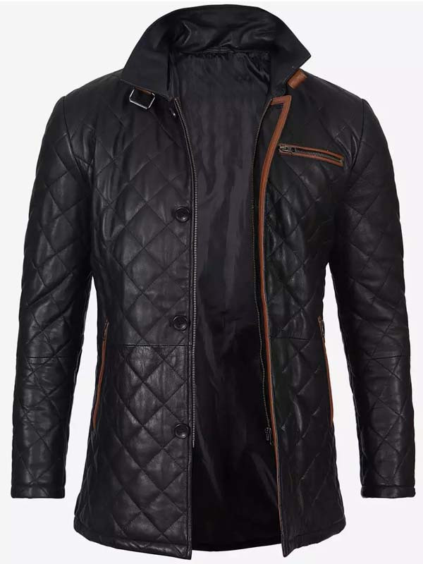 Mens Black Diamond Quilted Leather Jacket: 