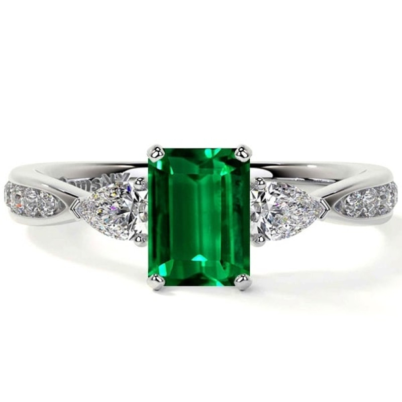 Natural Emerald Three Stone Emerald Cut Ring: 