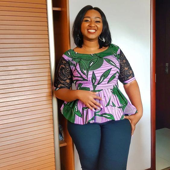 Purple colour outfit ideas with ankara blouse, trouser, stylish ankara top, plus size top: ankara tops,  Ankara With Denim  