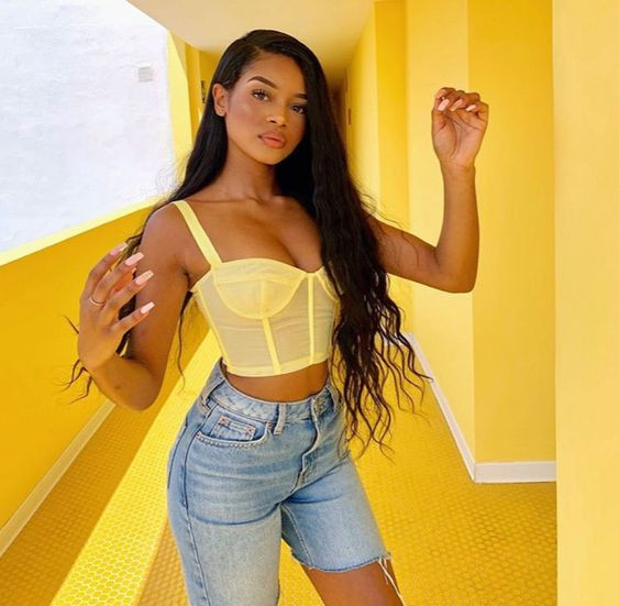Denim Corset Outfit Ideas Pastel yellow oh polly, jean short