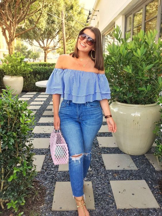 Women's Light Blue Patterned Casual Denim Trouser, Light Blue Smart Casual Patterned Cotton Bardot Top, Beige Formal Sandal - Fashion: 