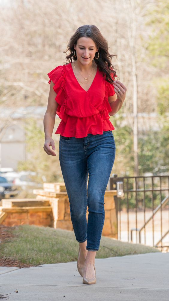 Women's Dark Blue And Navy Patterned Casual Denim Trouser, Pink Elegant Patterned Mesh Transparent Top, Beige Pump - Jeans: 
