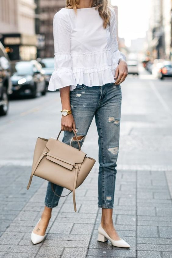 Women's Light Blue Casual Denim Jeans, White Smart Casual Denim Tunic, White Ballerina - White Block Heel Pumps Outfit: 