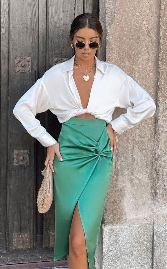 Turquoise Formal Skirt, Slip Skirt Attires Ideas With White Shirt, Midi Slip Skirt: 