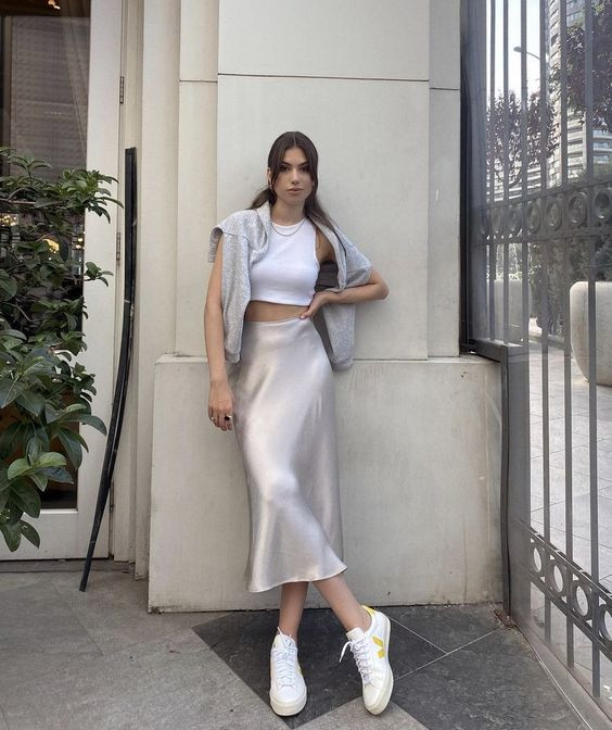Silver Formal Skirt, Slip Skirt Fashion Wear With Grey T-shirt, Silk Slip Skirt Outfit: 
