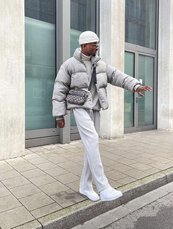Grey Winter Jacket, Beanie Attires Ideas With White Suit Trouser, Costume: 