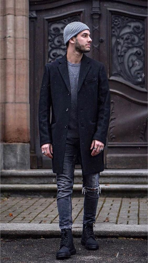 Black Peacoat, Beanie Fashion Outfits With Dark Blue And Navy Jeans, Gentleman Look: 