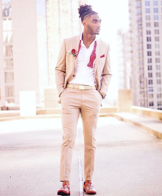 Beige Suit Jackets And Tuxedo, Men's Prom Outfits With Beige Casual Trouser, Blazer: 