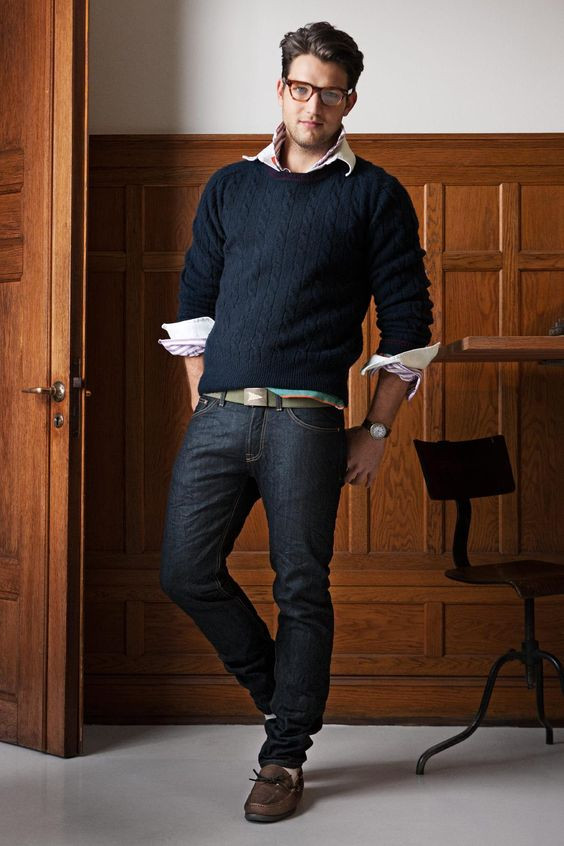 Dark Blue And Navy Sweater, Nerd Outfits Ideas With Dark Blue And Navy Jeans, Audition Outfits Men: 
