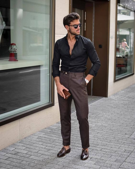 Black Shirt, Loafers Attires Ideas With Brown Casual Trouser, Italian Men's Fashion Summer 2022: 
