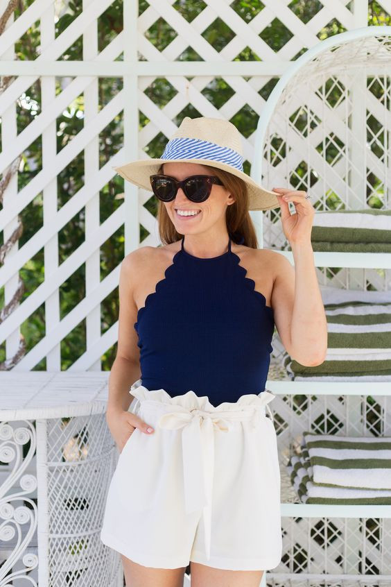 White Instagram fashion with shorts, swimsuit, one-piece swimsuit