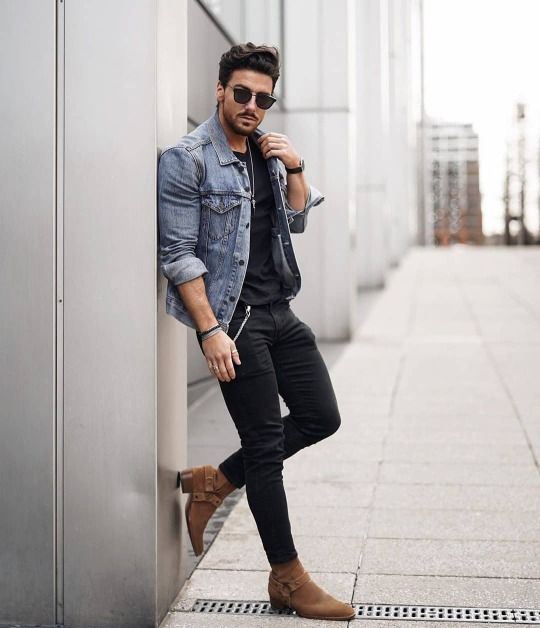 Light Blue Casual Jacket, Clubbing Clothing Ideas With Black Suit Trouser, Rowan Row Chelsea Boots: 