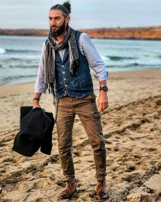 Beige Vest, Boho Ideas With Brown Cargo, Hipster Outfit Male: 
