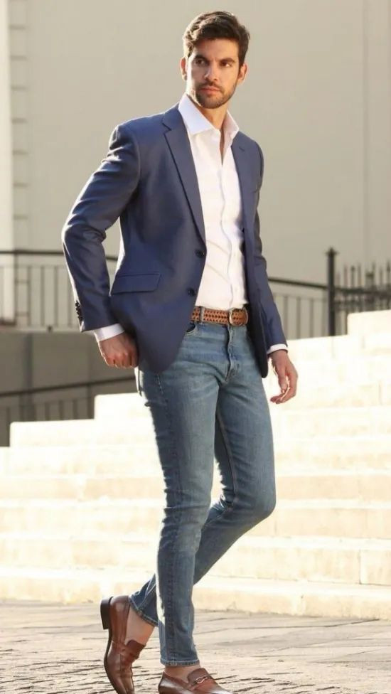 Dark Blue And Navy Suit Jackets Tuxedo, Interview Ideas With Light Blue Jeans, Male Boss Outfits: 