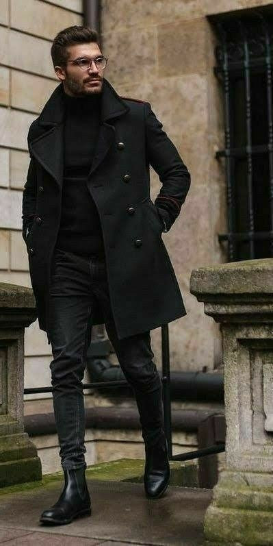 Black Winter Coat, Stylish Fashion Outfits With Black Leather Trouser, Winter Style Men: 