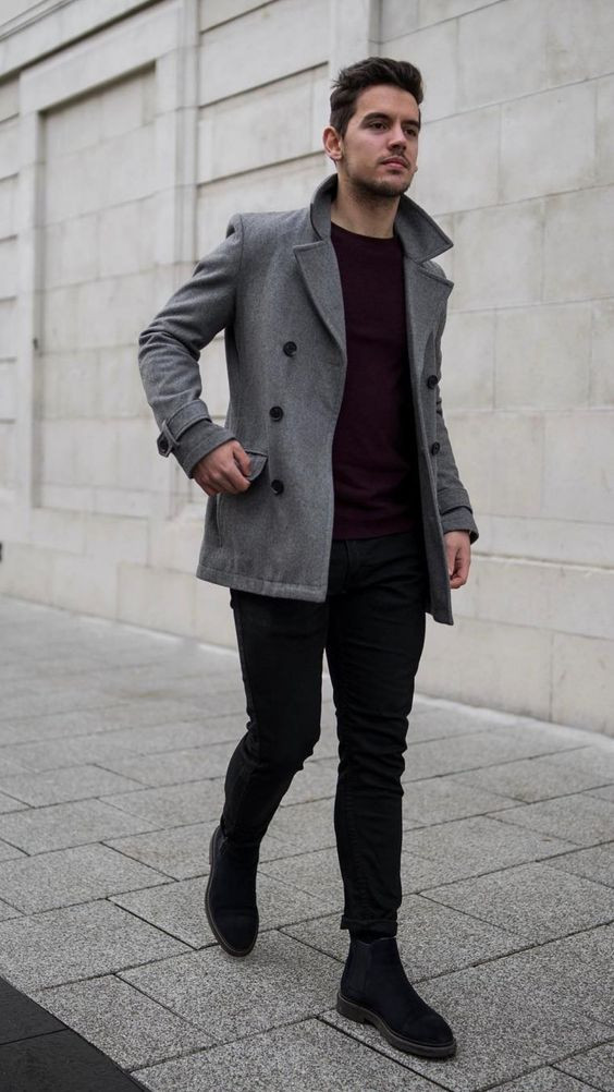 Grey Winter Coat, Stylish Fashion Outfits With Black Jeans, Men's Peacoat Style: 