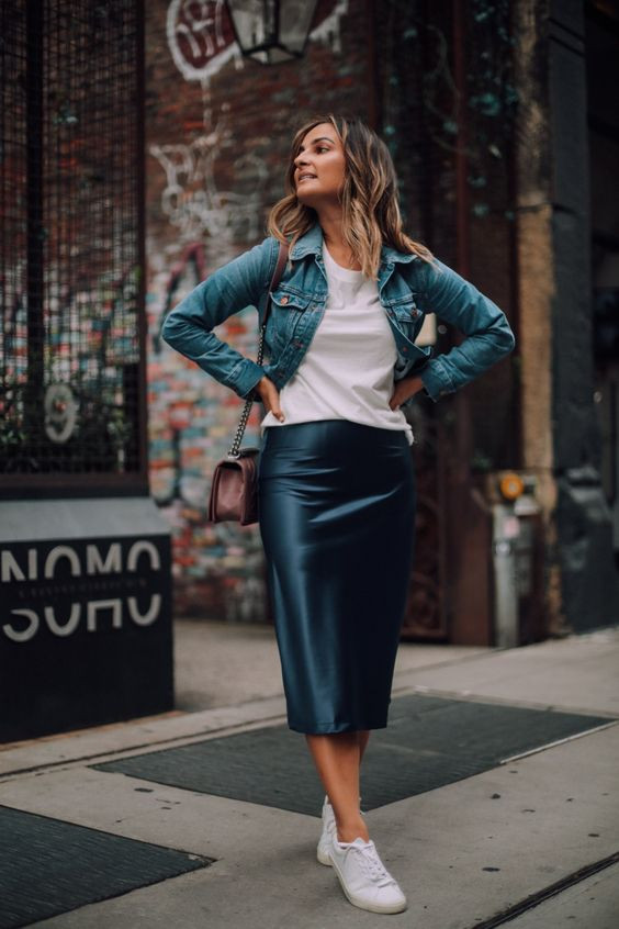 Dark Blue And Navy Pencil And Straight, Slip Skirt Attires Ideas With Light Blue Casual Jacket, Satin Skirt Outfit: 
