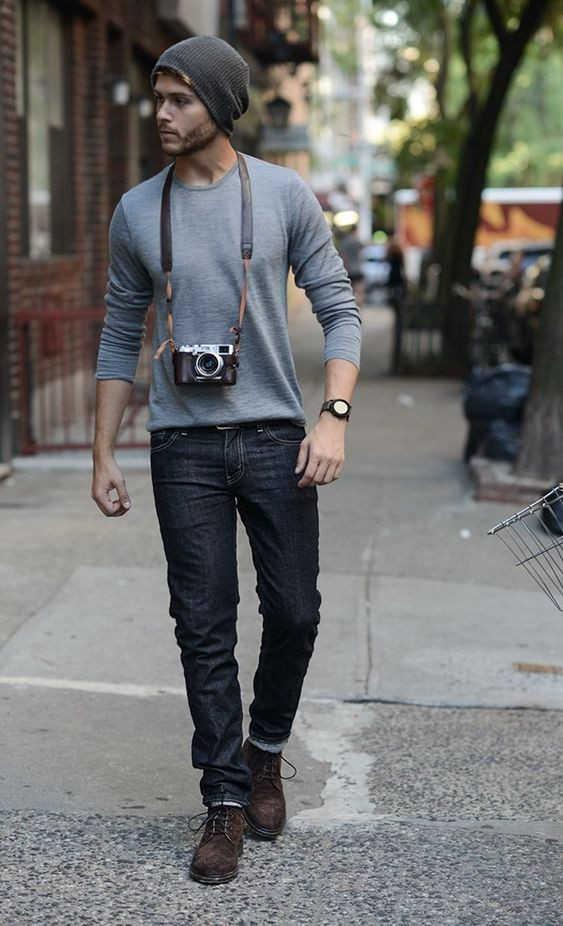 Beanie Ideas With Dark Blue And Navy Casual Trouser, Long Sleeve T Shirt Outfit Men: 