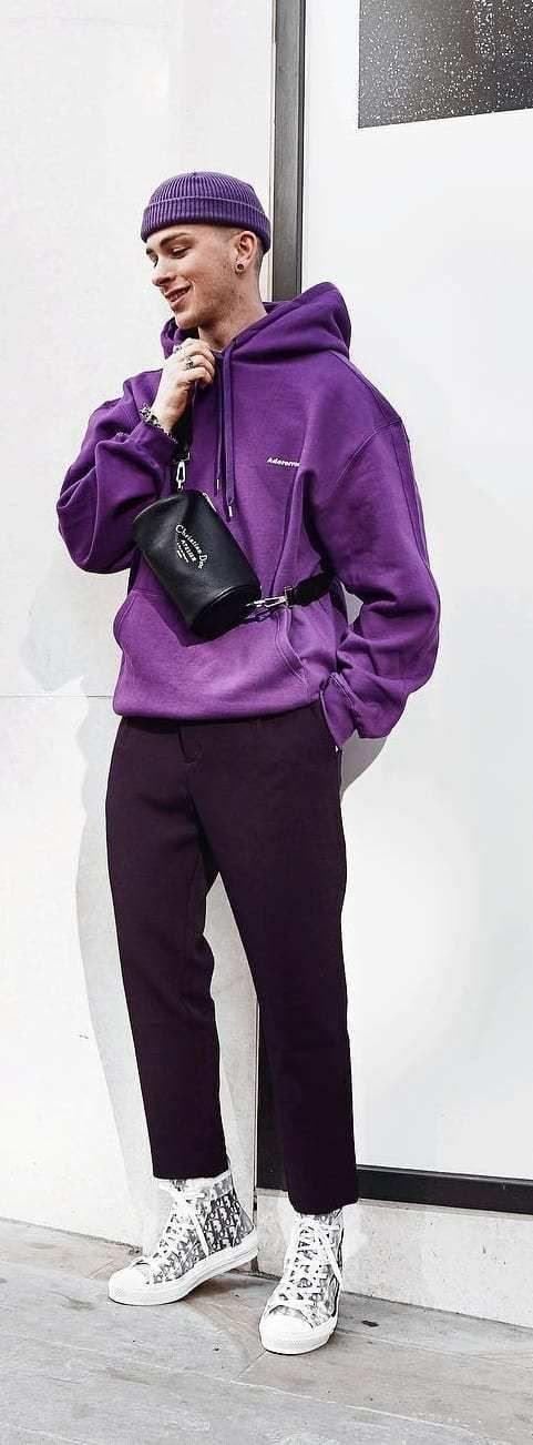 Purple And Violet Sportswear Short, Beanie Fashion Ideas With Purple And Violet Casual Trouser, Purple Outfits Men: 