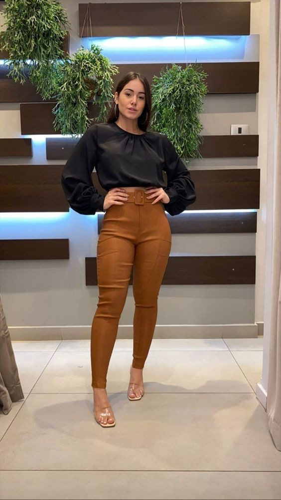 Black Cropped Blouse, Office Fashion Tips With Brown Leather Trouser, Work Dress: 