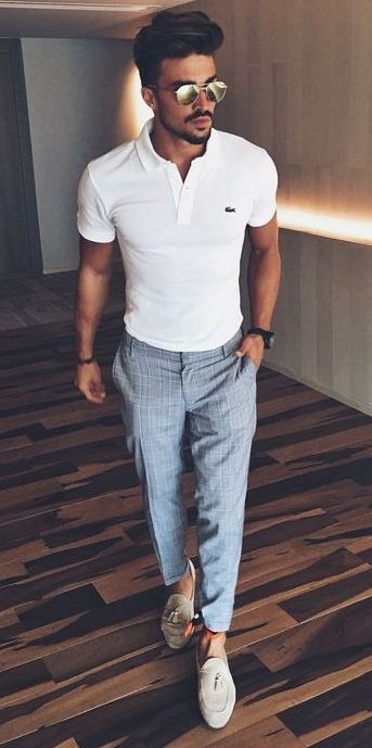 White Polo-shirt, Loafers Outfits Ideas With Light Blue Suit Trouser, Men's Smart Casual: 