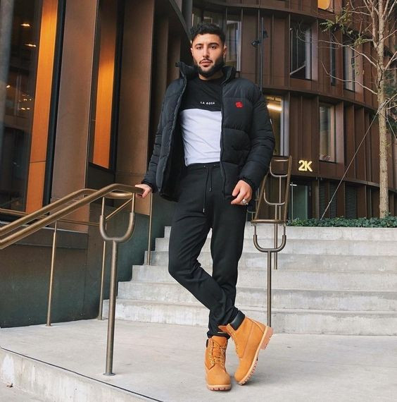 Black Winter Jacket, Timberland Boot Outfit Designs With Black Leather Trouser, Jeans: 