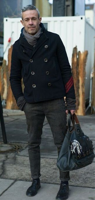Black Peacoat, Pea Coat Fashion Ideas With Grey Sweat Pant, Men Wearing Pea Coat: 