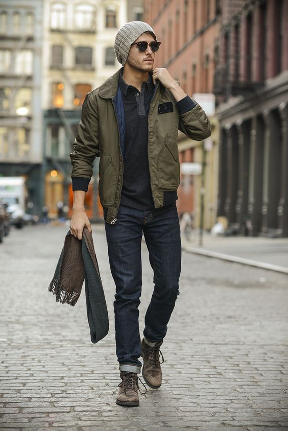 Green Pilot Jacket, Beanie Fashion Wear With Dark Blue And Navy Casual Jeans, Men's Fall Outfits: 