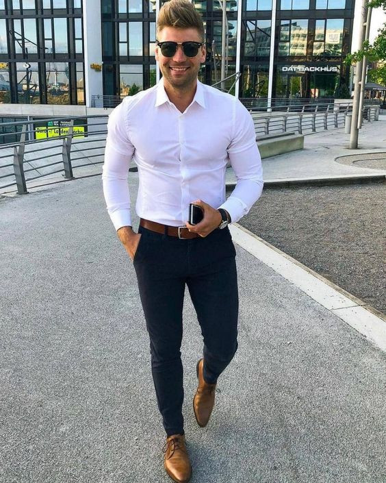 White Shirt, Interview Fashion Wear With Dark Blue And Navy Casual Trouser, Business Outfit Male: 