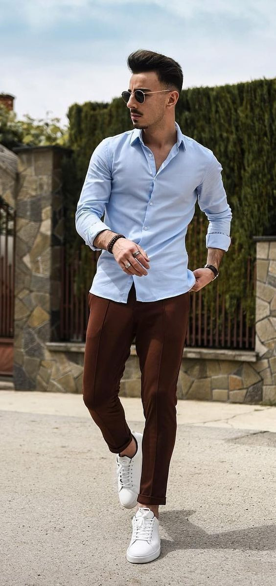 Light Blue Shirt, Men's Pastel Outfit Trends With Brown Sweat Pant, Brown Pants Outfit Men: 