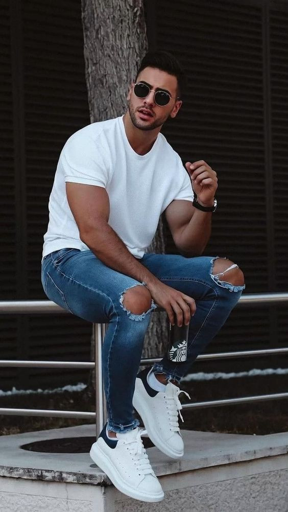 Light Blue Casual Trouser, Ripped Jeans Fashion Outfits With White T-shirt, Best Boys: 