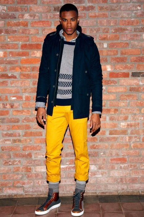 Yellow Jeans, Men's Attires Ideas With Dark Blue And Navy Peacoat, Yellow Pants Outfit Men: 