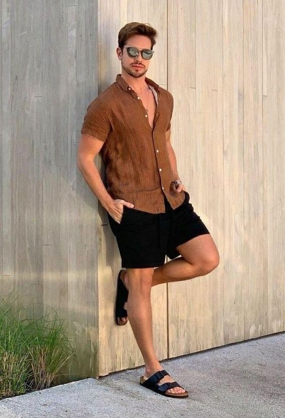 Brown Shirt, Beach Outfits With Black Shorts, Summer Outfit For Men: 